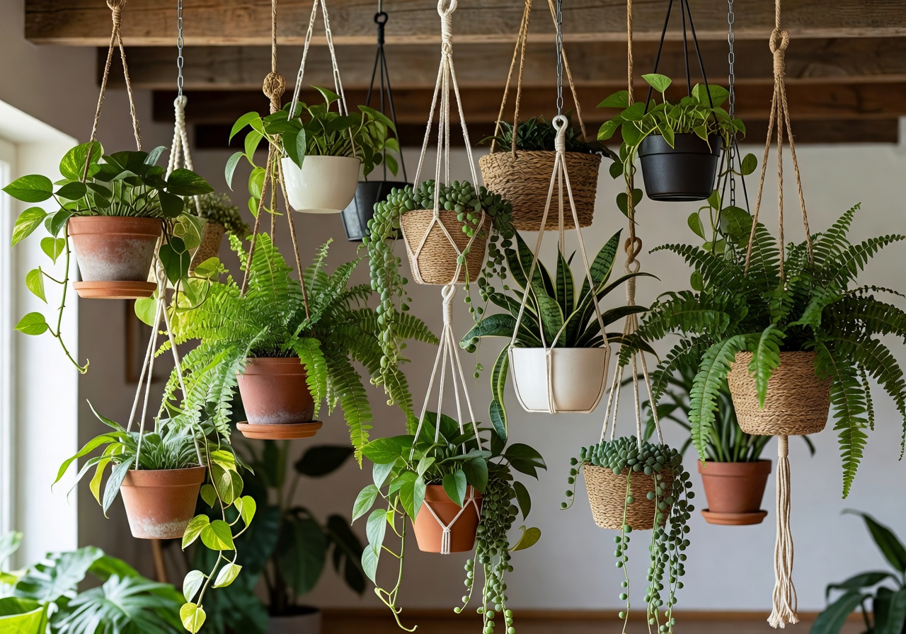 Collection of hanging planters creating a vertical garden indoors