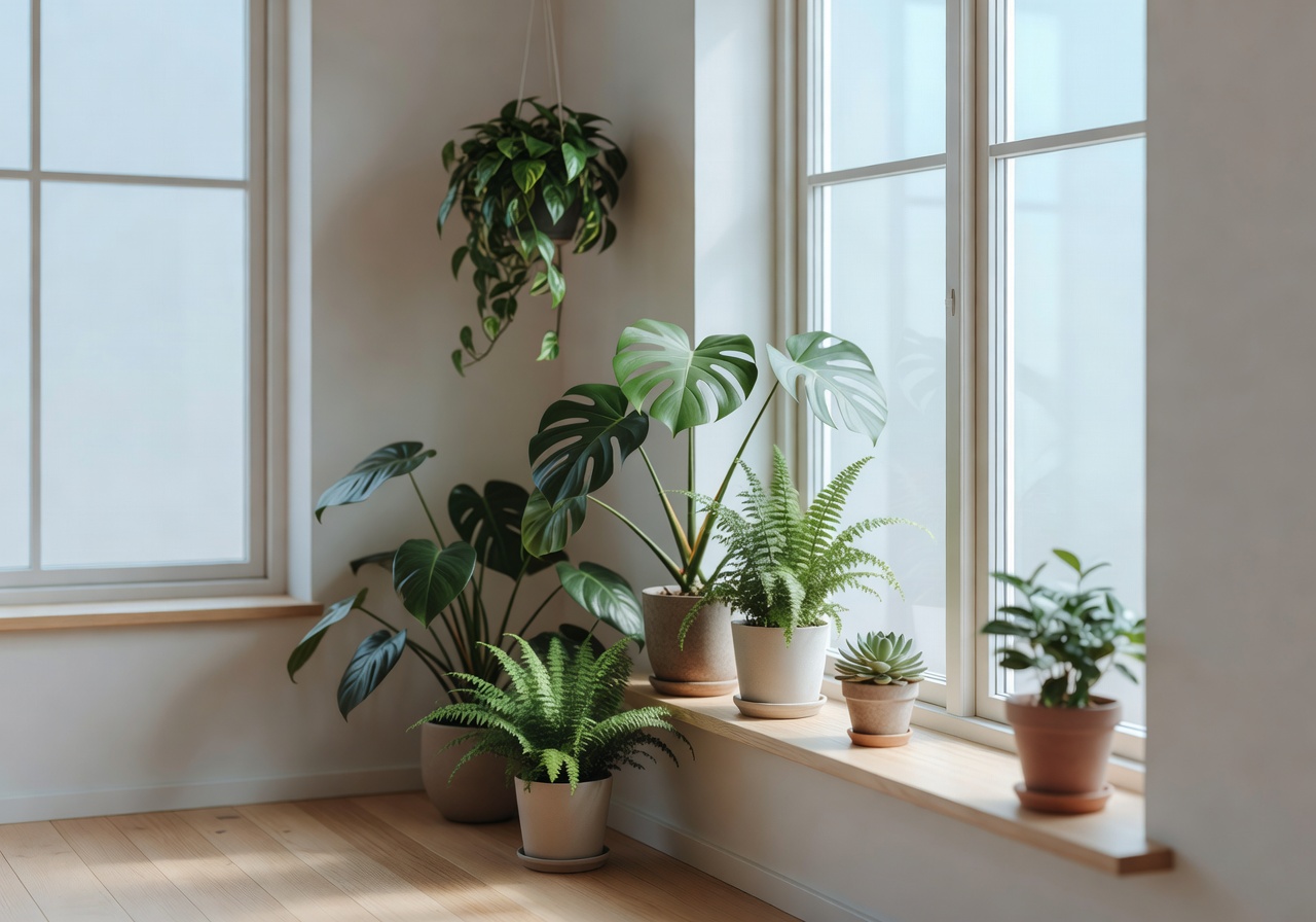 Cozy indoor plants bathed in soft sunlight in a Nordic style room