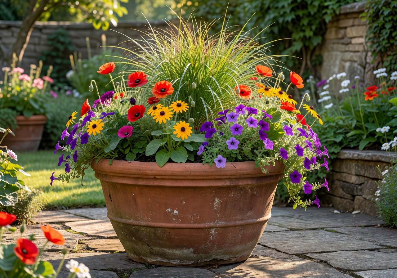 Outdoor planters on a modern European balcony with blooming flowers and greenery