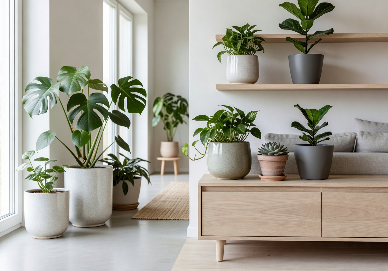 Indoor plant collection featuring stylish ceramic pots in a bright Scandinavian living room