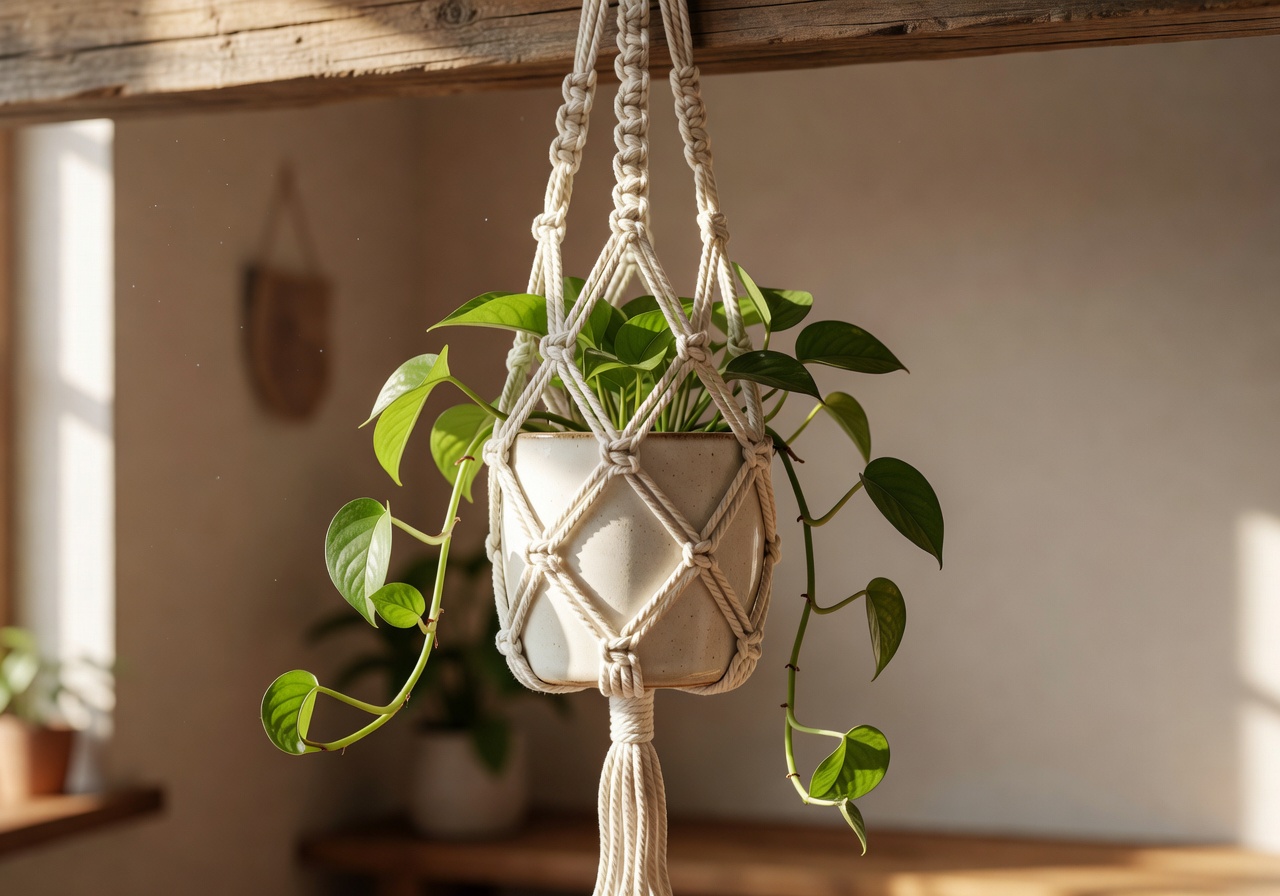 Hanging Planter in macrame style for space-saving indoor plant display