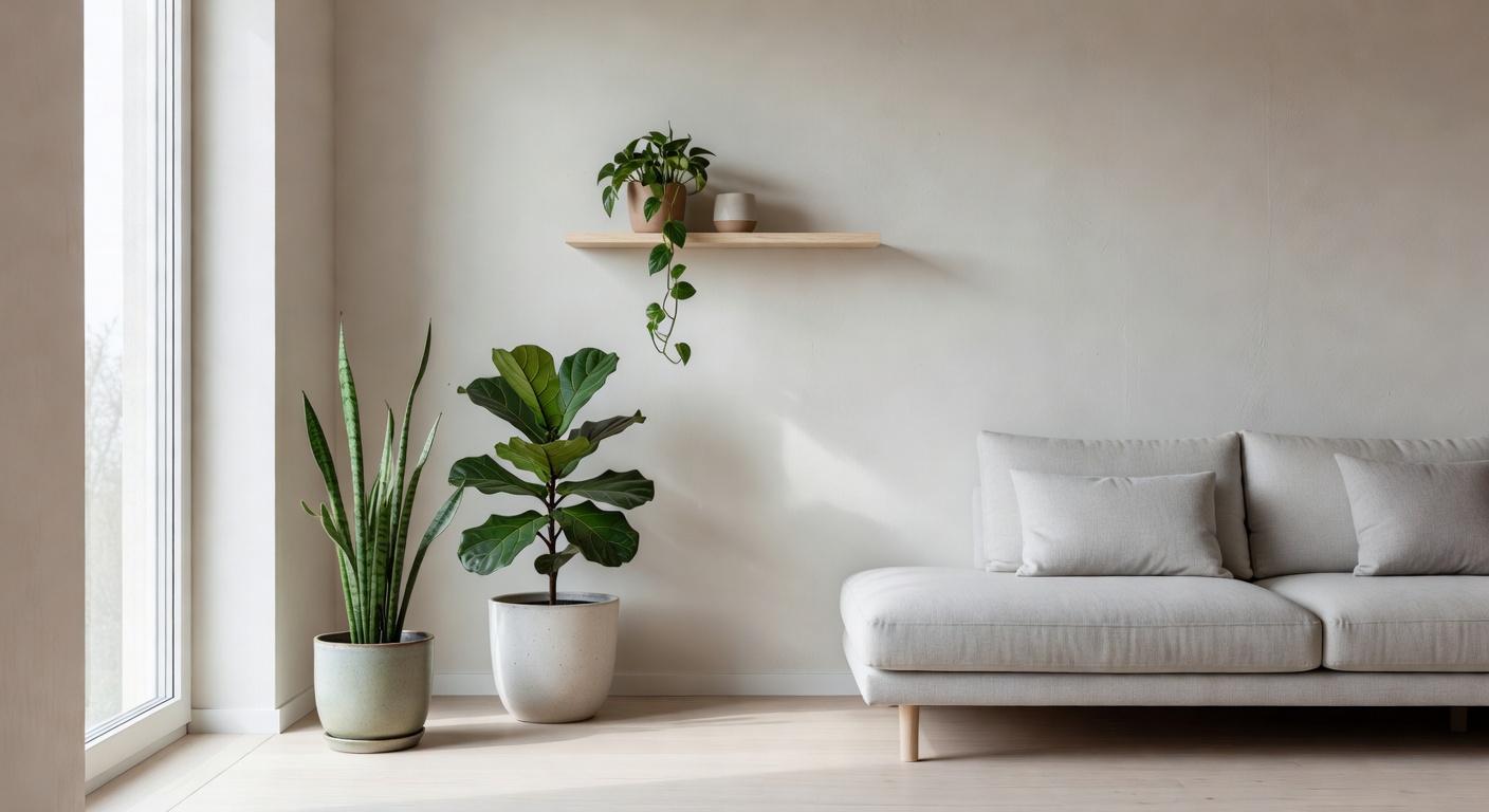 Minimal Scandinavian living room with indoor plants in stylish ceramic pots and soft sunlight