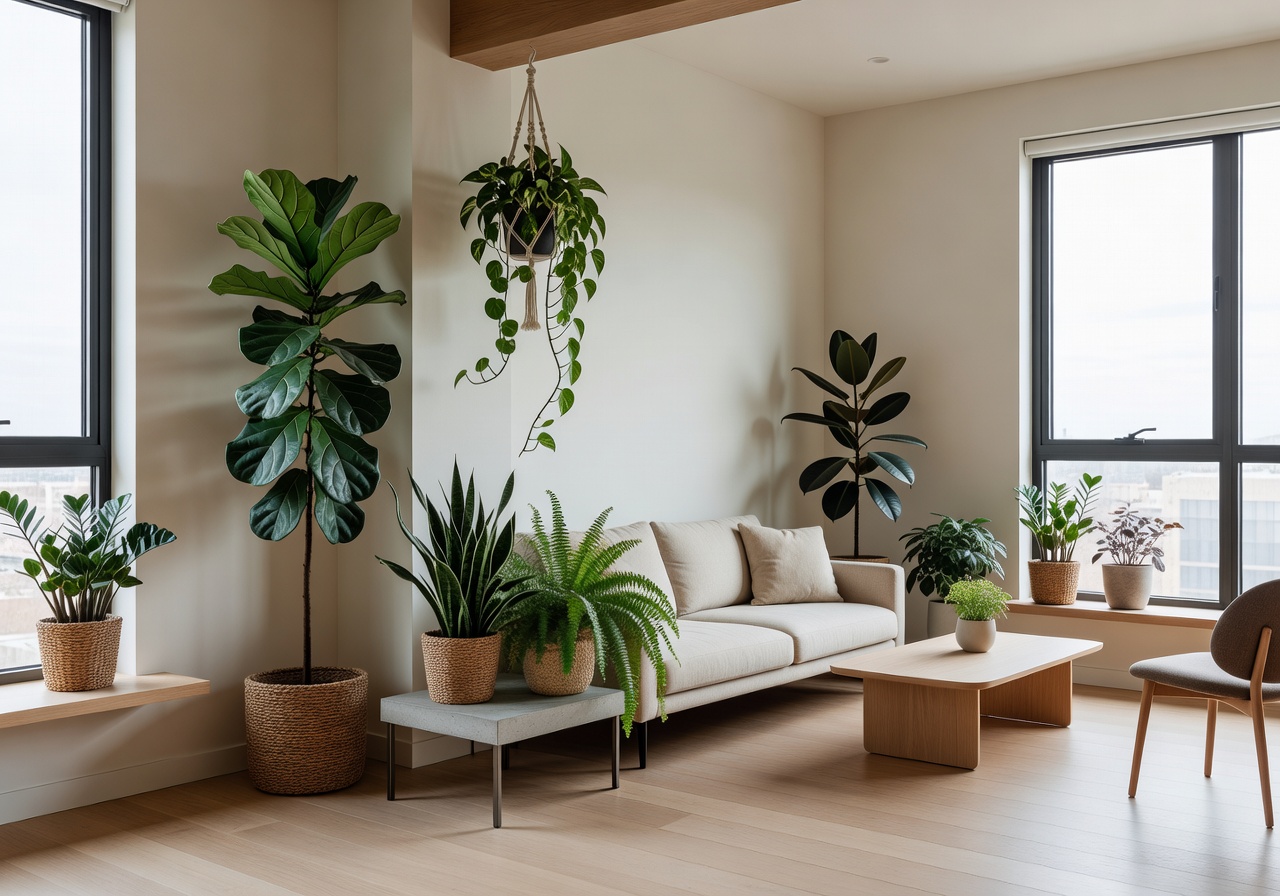 Modern apartment interior styled with multiple potted plants throughout