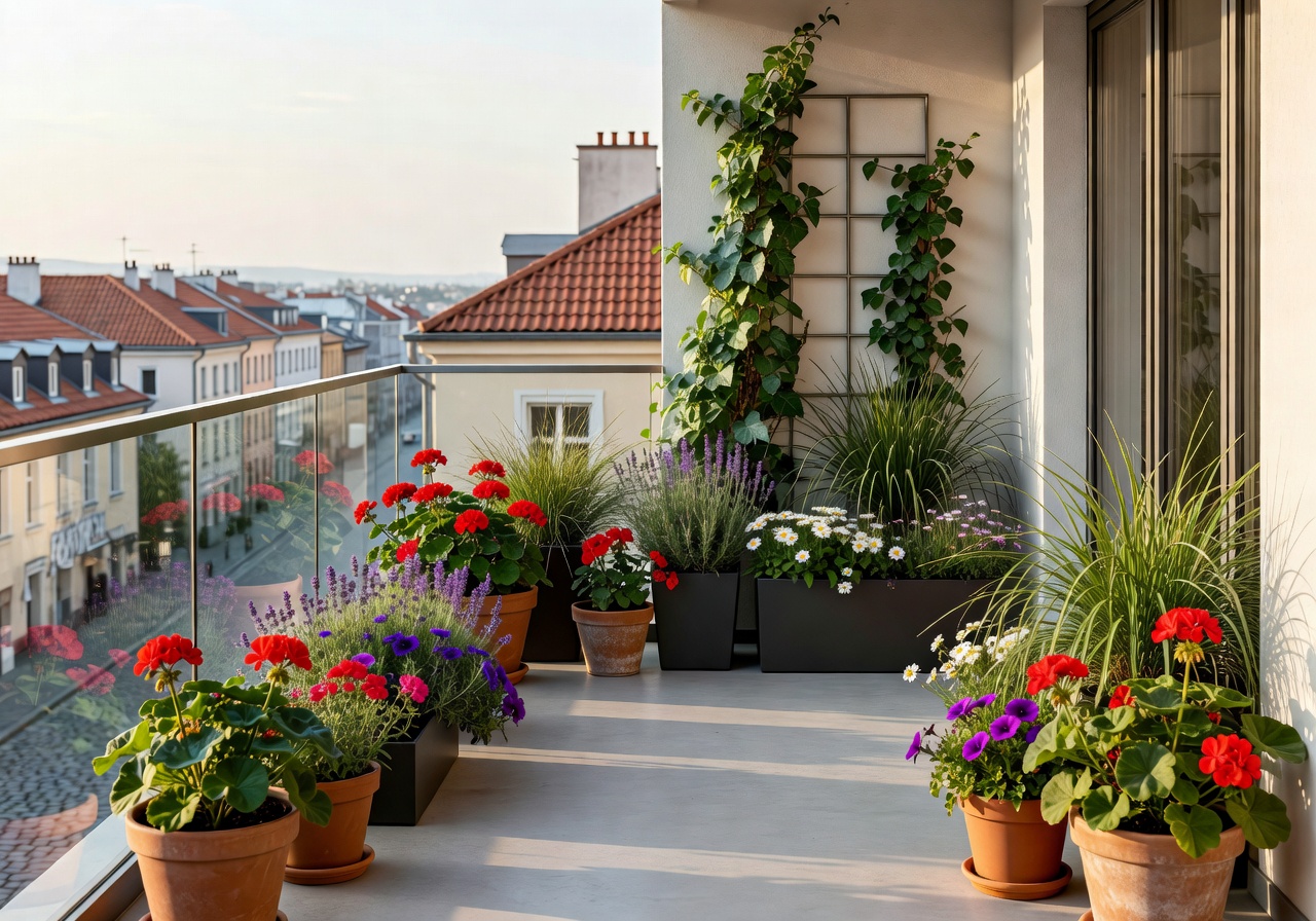 Balcony plants in modern European pots with urban skyline background