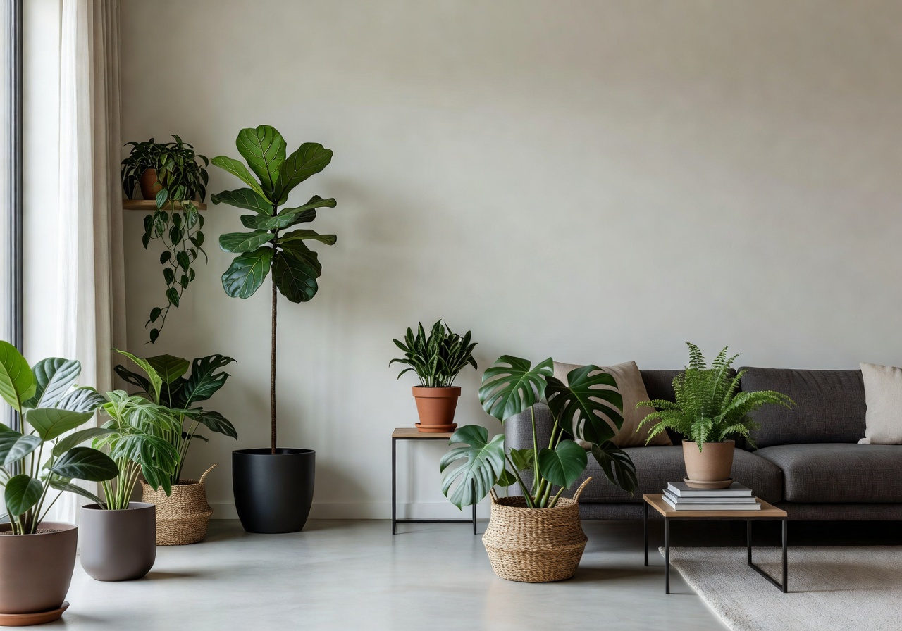 Modern living room interior with various potted plants as decorative elements