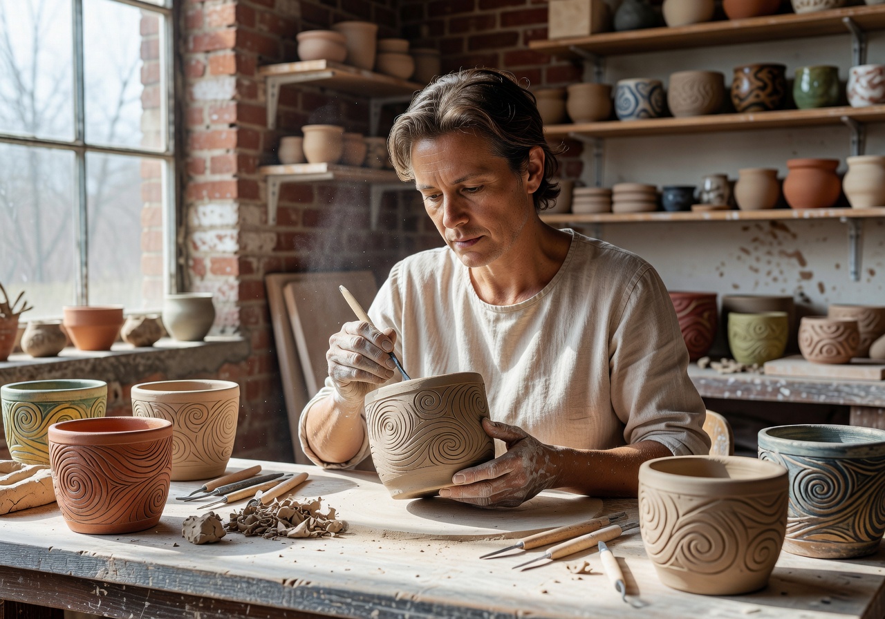 Playallianceswirl founder working on ceramic planter designs in a bright studio