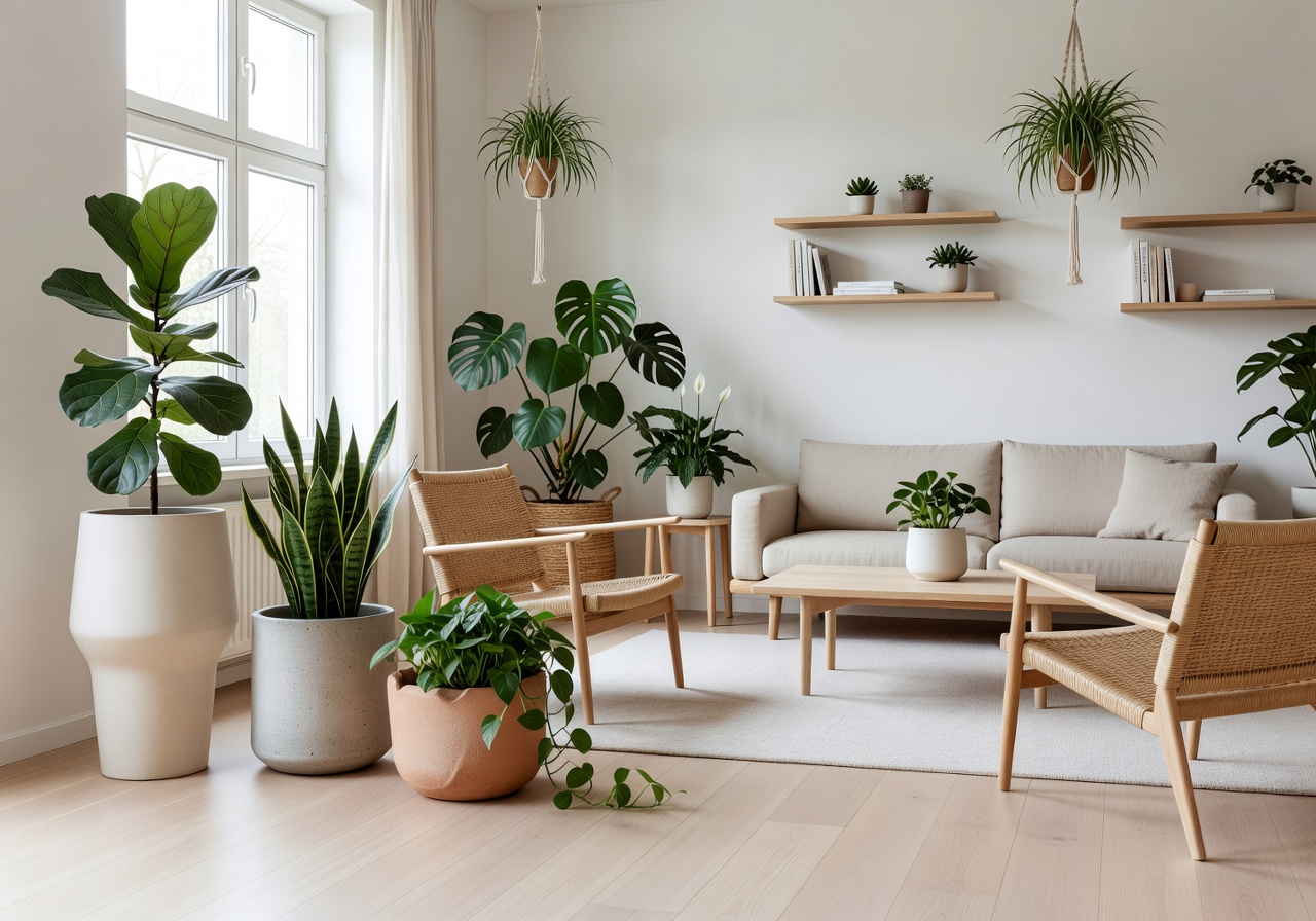 Scandinavian living room with designer planters and indoor greenery